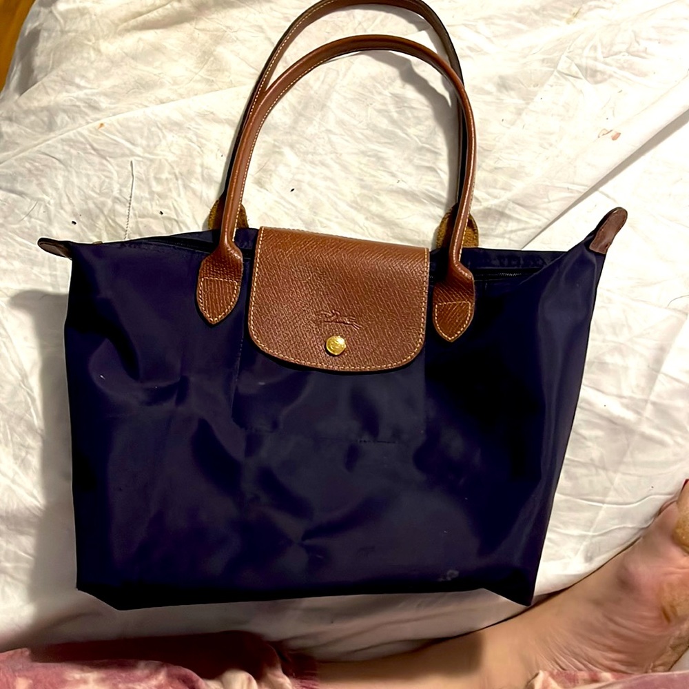 COPY - LONGCHAMP medium size le piliage tote bag in royal purple w/Leather trim.